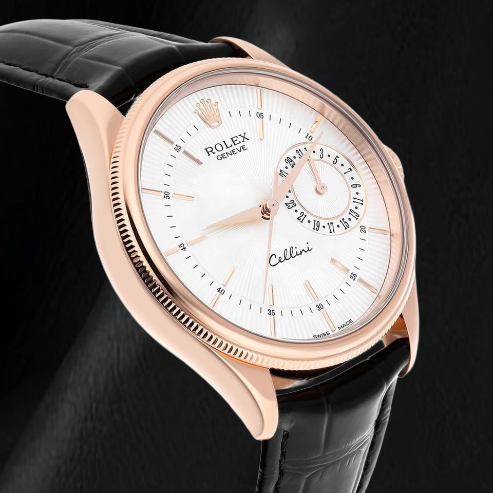 Rolex Oyster Perpetual 50515 39mm Silver Stick Dial Black Leather Strap Rose Gold Watch