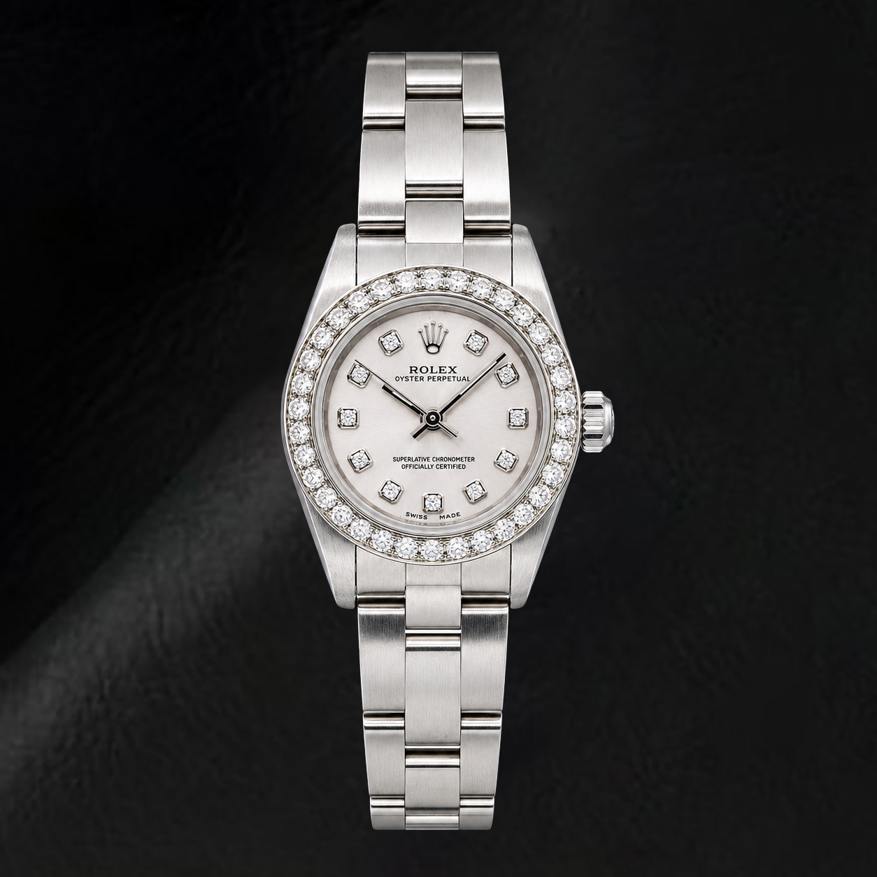Rolex Oyster Perpetual 76080 26mm Silver Diamond Dial Stainless Steel Watch