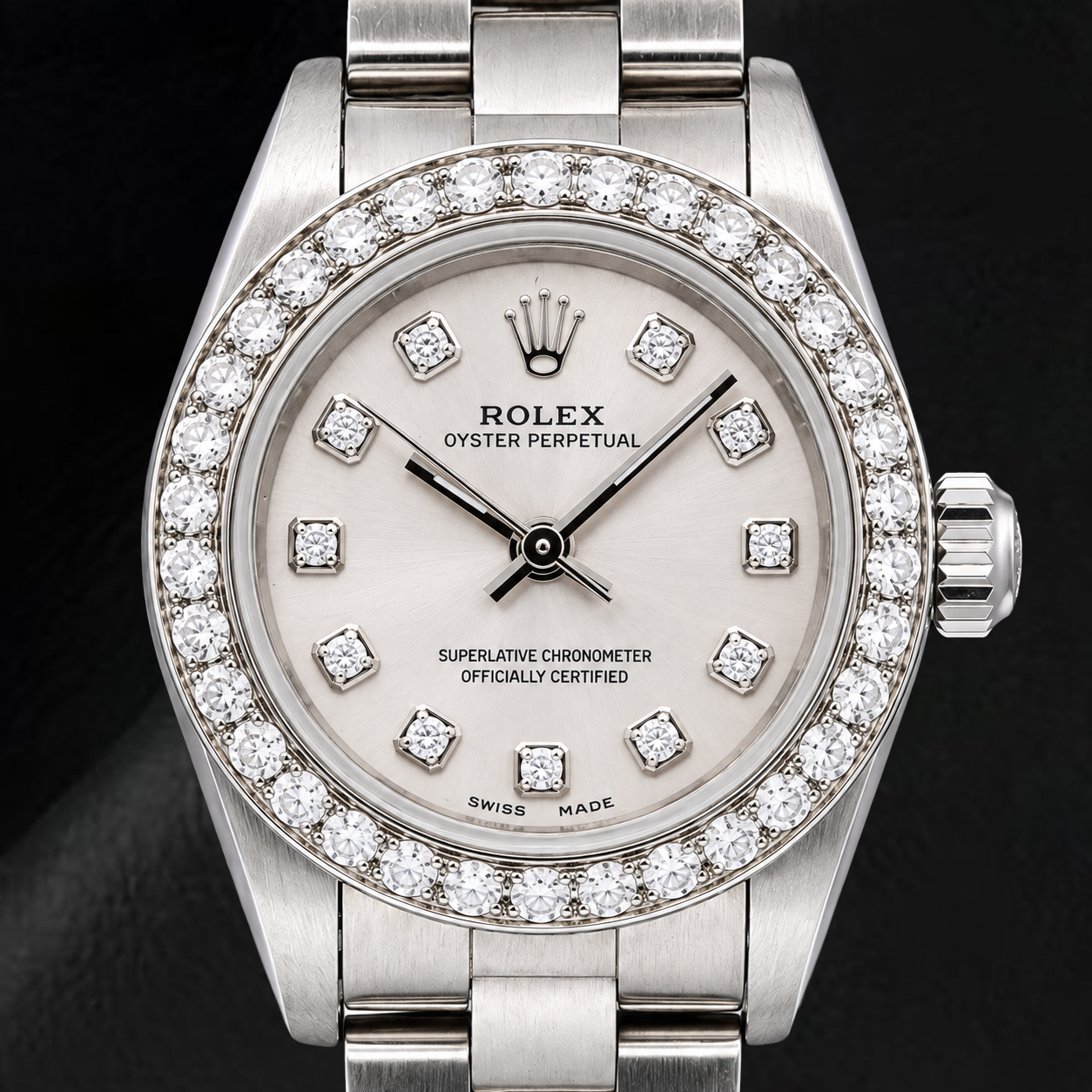 Rolex Oyster Perpetual 76080 26mm Silver Diamond Dial Stainless Steel Watch