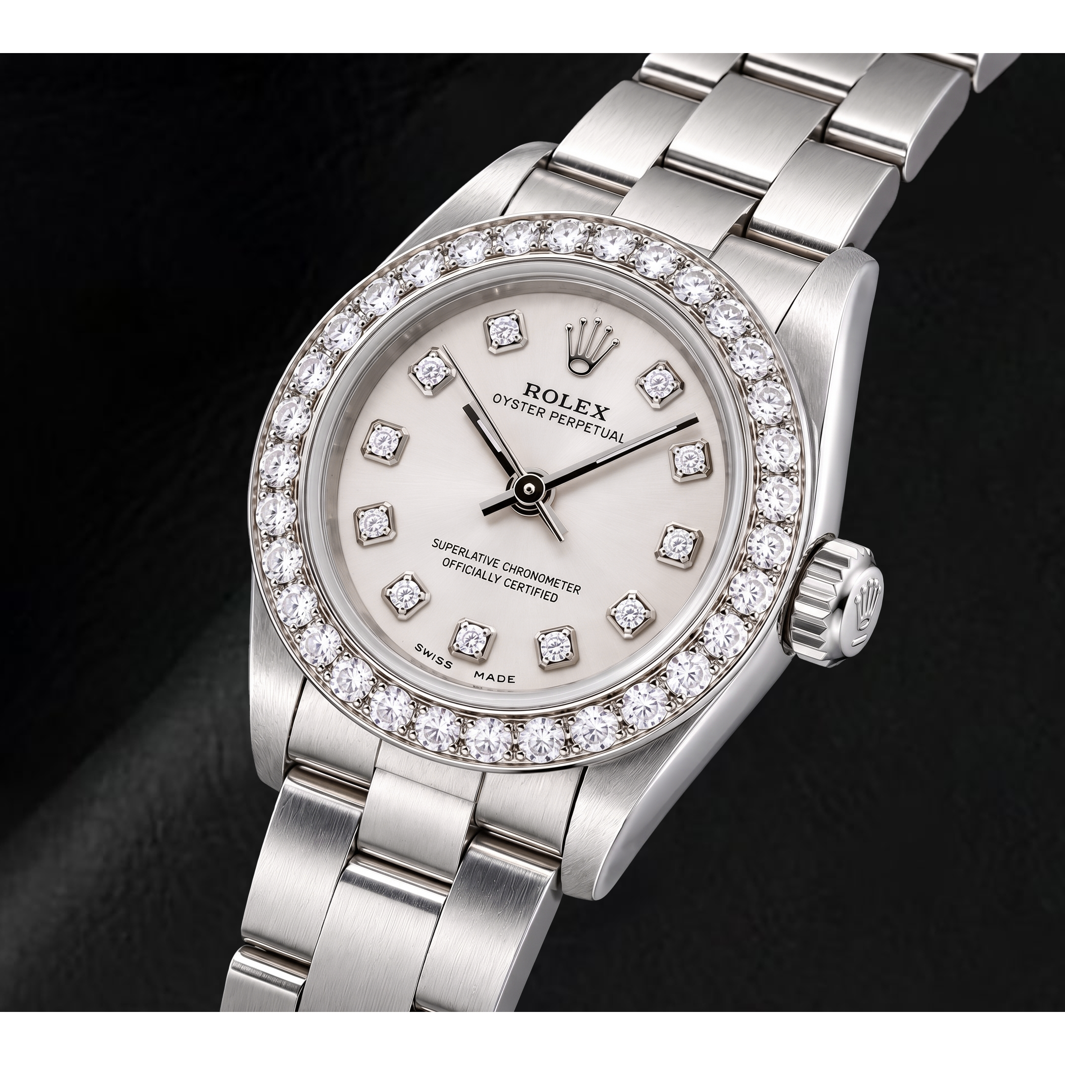 Rolex Oyster Perpetual 76080 26mm Silver Diamond Dial Stainless Steel Watch