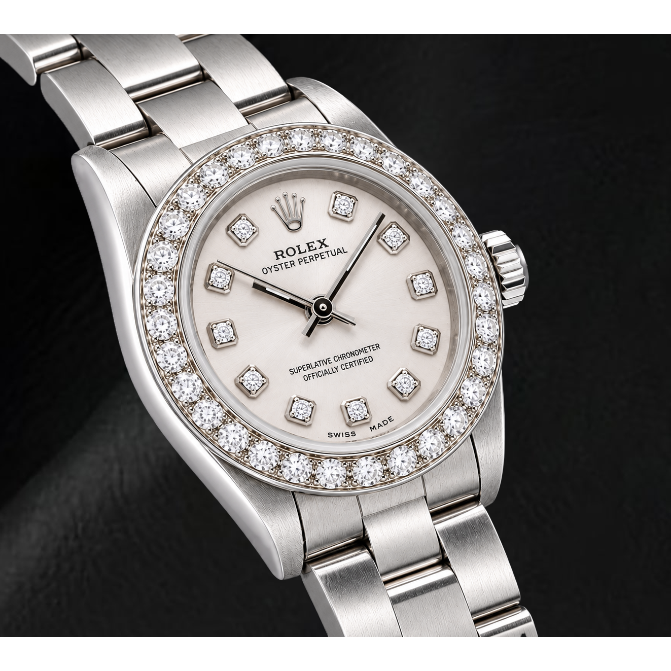 Rolex Oyster Perpetual 76080 26mm Silver Diamond Dial Stainless Steel Watch
