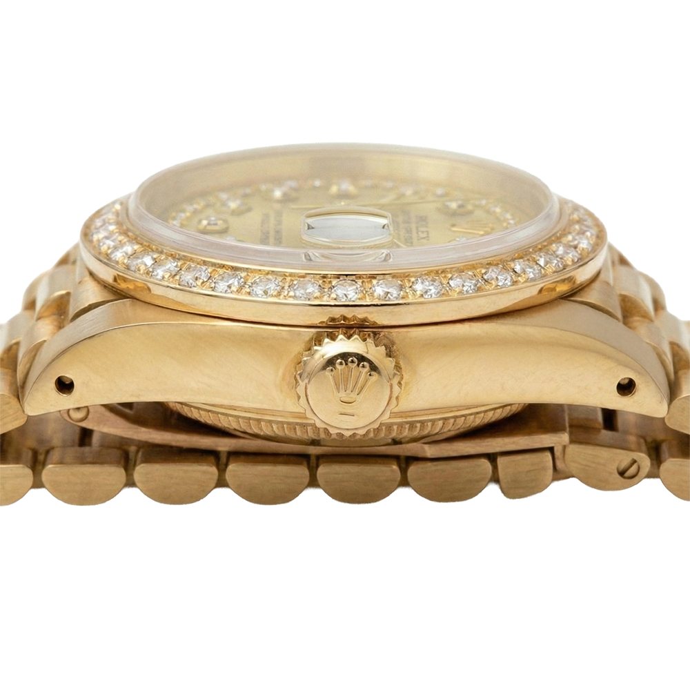 Rolex President Style Champagne String Dial Watch Yg Diamond Bezel