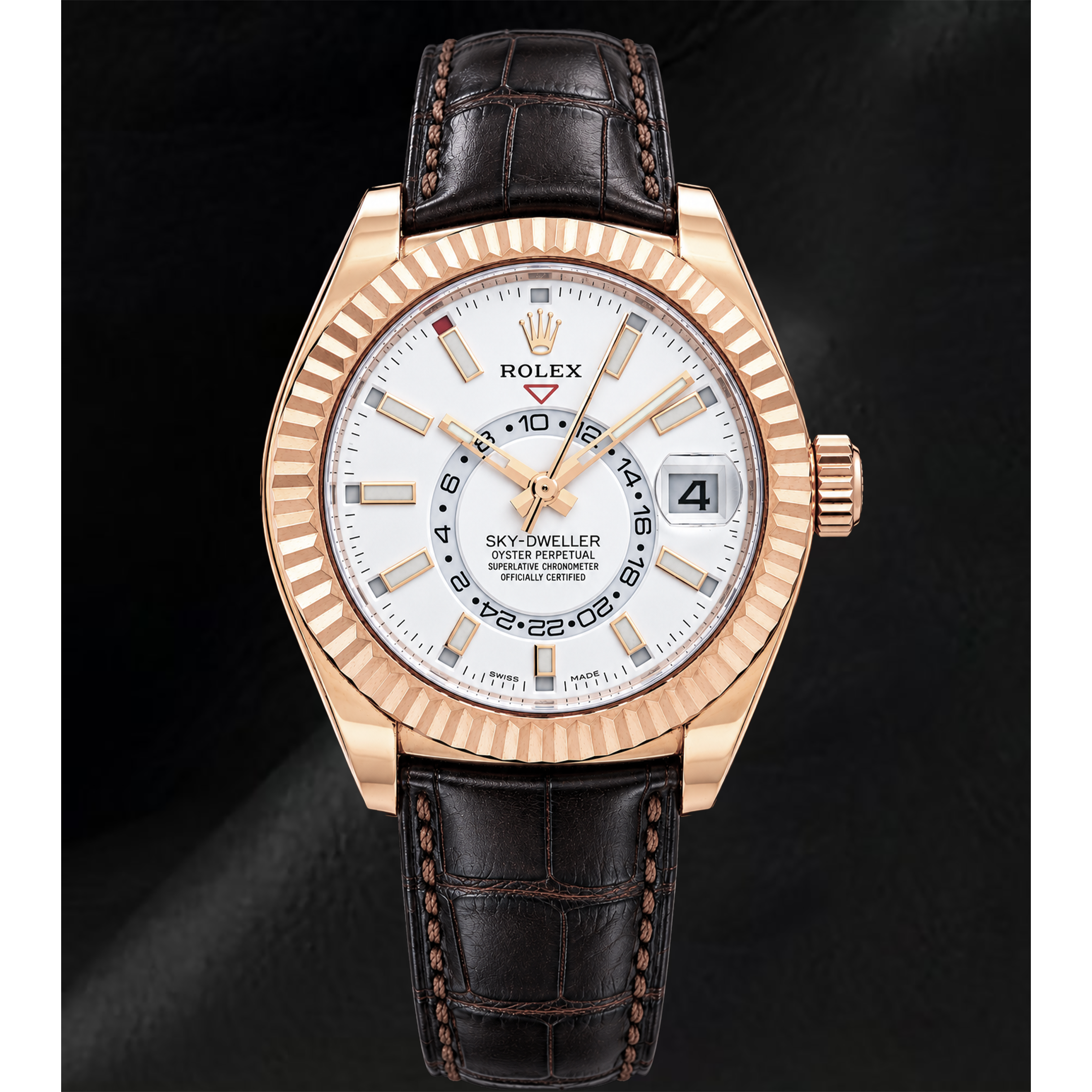 Rolex Sky Dweller 326135 42mm White Dial Rose Gold and Brown Leather Strap Watch