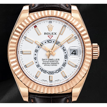 Rolex Sky Dweller 326135 42mm White Dial Rose Gold and Brown Leather Strap Watch