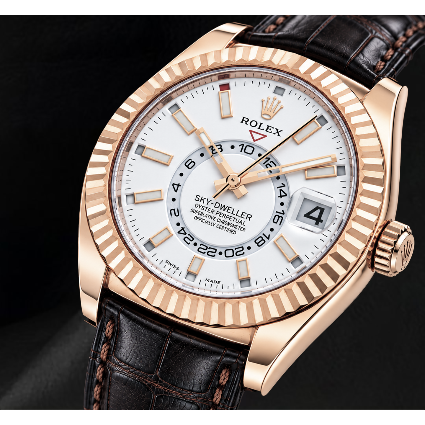 Rolex Sky Dweller 326135 42mm White Dial Rose Gold and Brown Leather Strap Watch