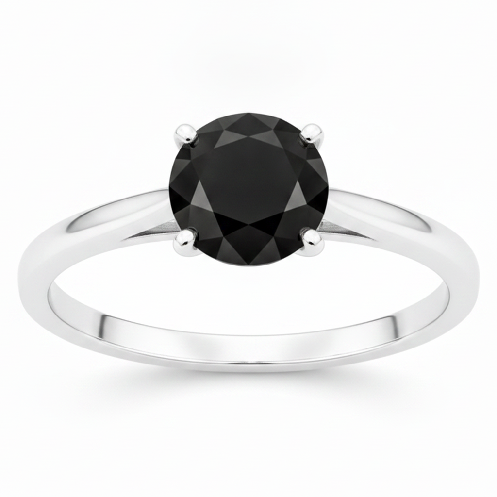 Black Diamond New York 3.5 Carat Real Round Solitaire Cathedral Ring 14K White Gold