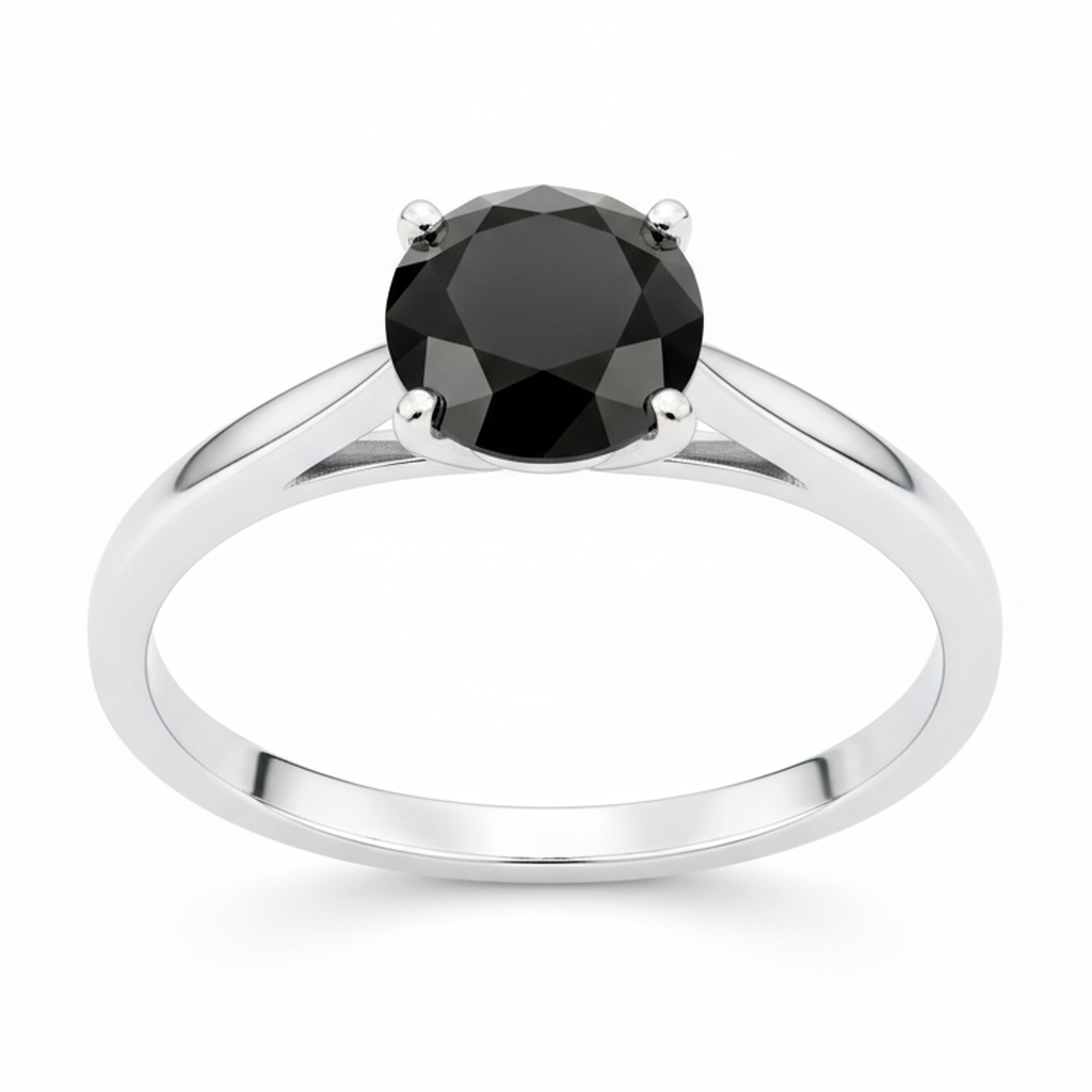 Black Diamond New York 3.5 Carat Real Round Solitaire Cathedral Ring 14K White Gold