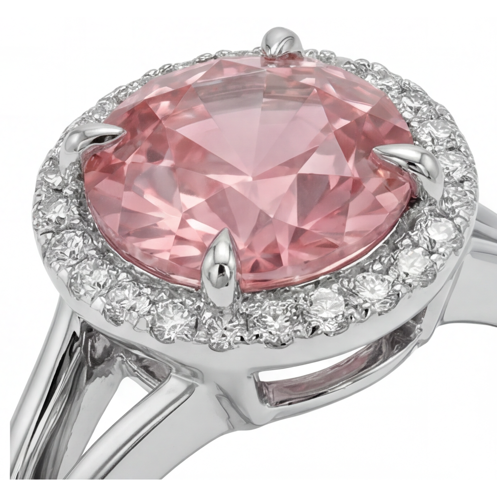 Padparadscha Ring 4.3 Carat Lab Grown Round Sapphire Halo 14K White Gold
