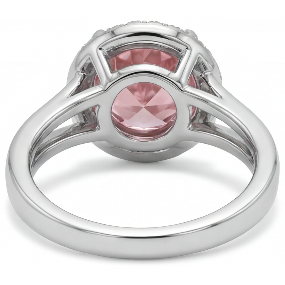 Padparadscha Ring 4.3 Carat Lab Grown Round Sapphire Halo 14K White Gold
