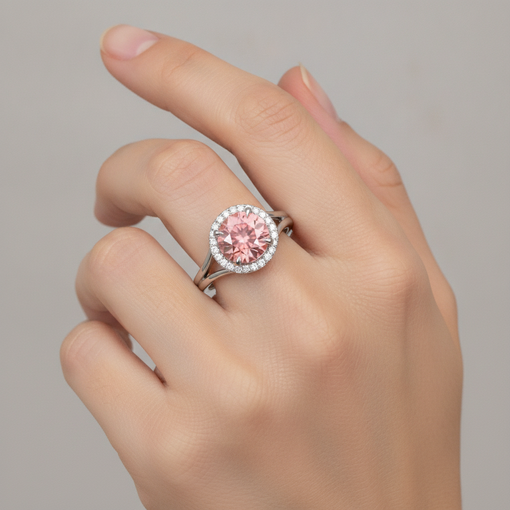 Padparadscha Ring 4.3 Carat Lab Grown Round Sapphire Halo 14K White Gold