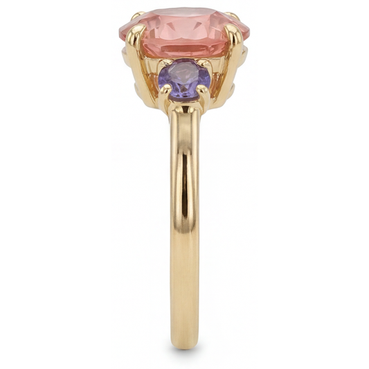 Antique Padparadscha Sapphire Ring 4.8 Carat Lab Grown Round Three Stone 14K Yellow Gold