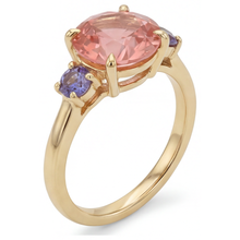Antique Padparadscha Sapphire Ring 4.8 Carat Lab Grown Round Three Stone 14K Yellow Gold