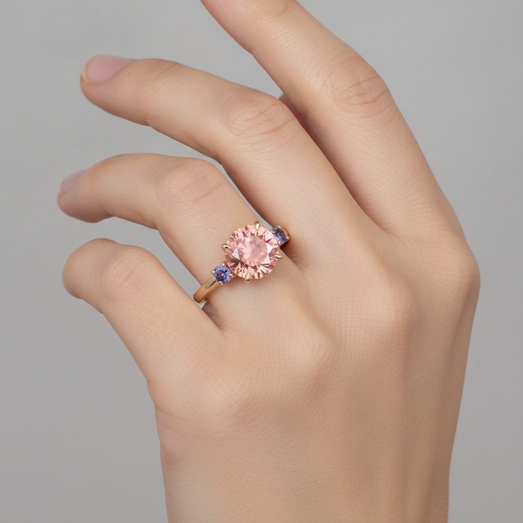 Antique Padparadscha Sapphire Ring 4.8 Carat Lab Grown Round Three Stone 14K Yellow Gold