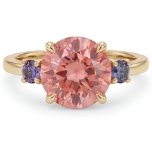 Antique Padparadscha Sapphire Ring 4.8 Carat Lab Grown Round Three Stone 14K Yellow Gold