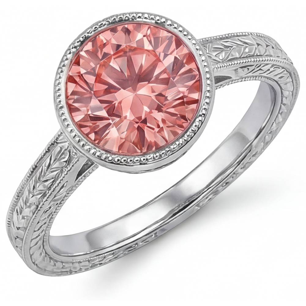 Padparadscha Ring 4 Carat Lab Grown Round Sapphire Bezel Solitaire 14K White Gold