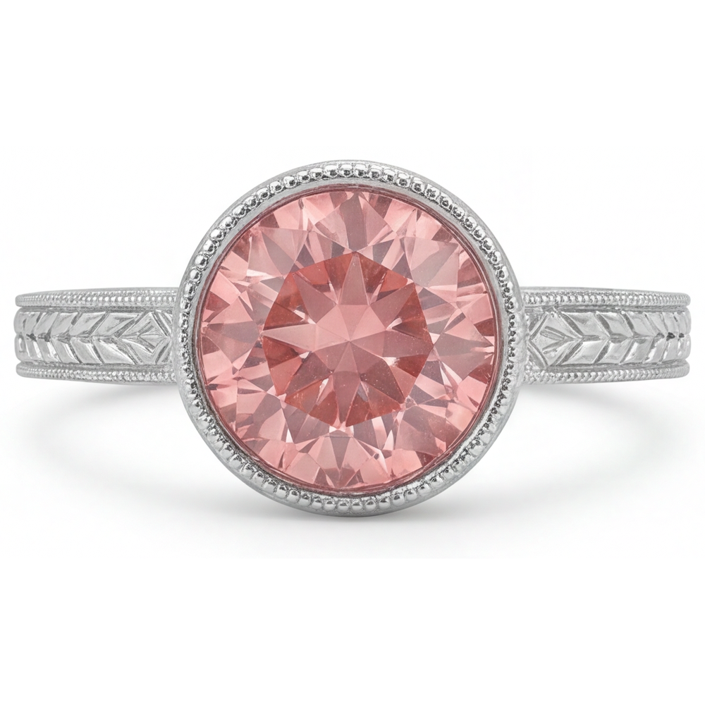 Padparadscha Ring 4 Carat Lab Grown Round Sapphire Bezel Solitaire 14K White Gold