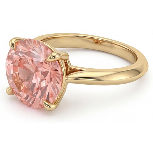 Padparadscha Sapphire Ring 4 Carat Lab Grown Round Solitaire 14K Yellow Gold