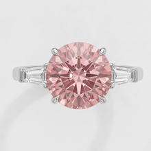 Padparadscha Sapphire Ring 3.1 Carat Genuine Round and White Baguette Three Stone Platinum