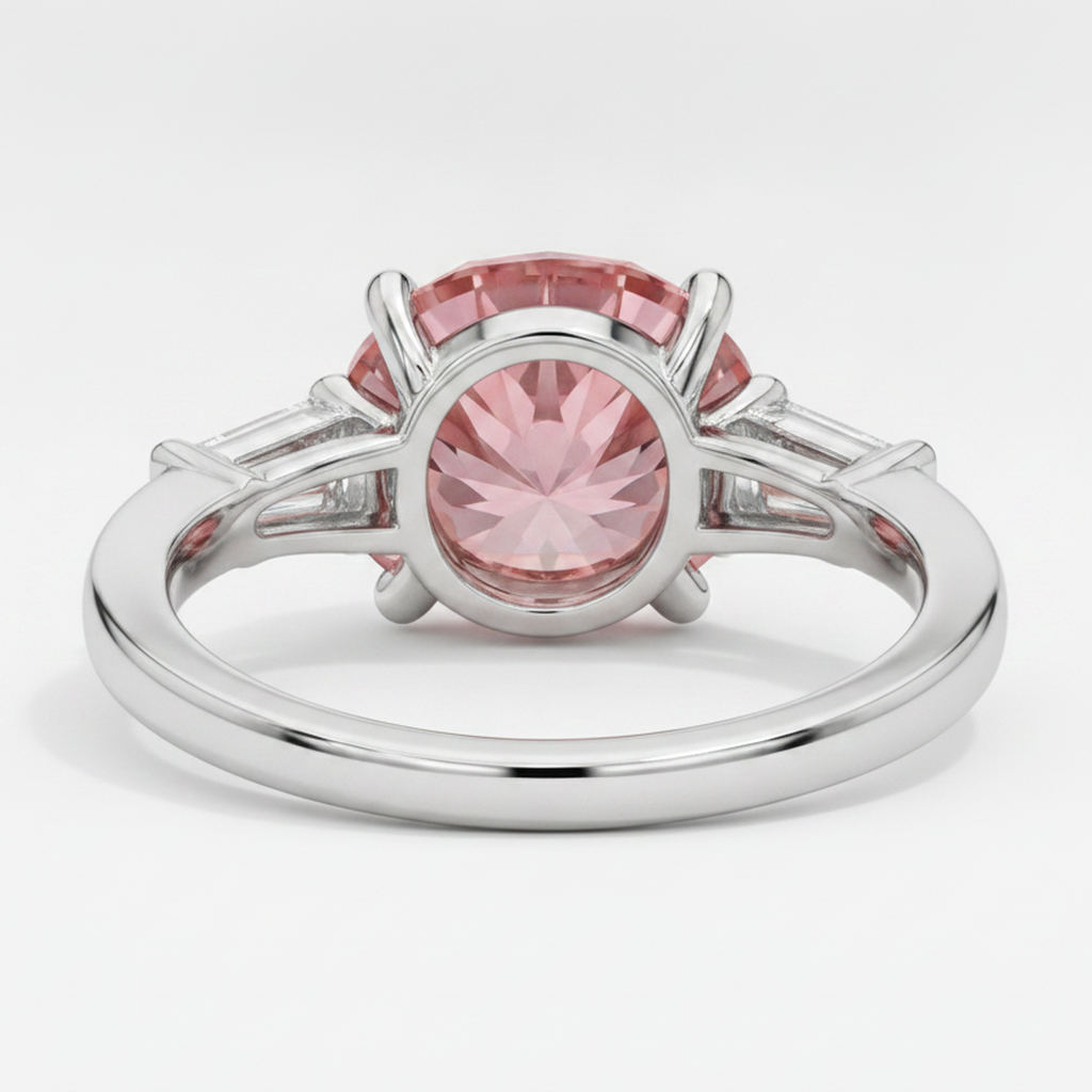 Padparadscha Sapphire Ring 3.1 Carat Genuine Round and White Baguette Three Stone Platinum