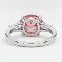 Padparadscha Sapphire Ring 3.1 Carat Genuine Round and White Baguette Three Stone Platinum