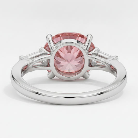 Padparadscha Sapphire Ring 3.1 Carat Genuine Round and White Baguette Three Stone Platinum