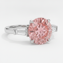 Padparadscha Sapphire Ring 3.1 Carat Genuine Round and White Baguette Three Stone Platinum