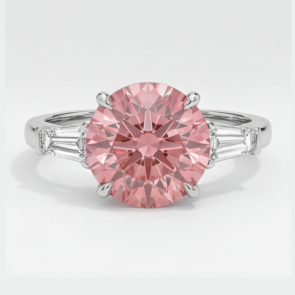 Padparadscha Sapphire Ring 3.1 Carat Genuine Round and White Baguette Three Stone Platinum