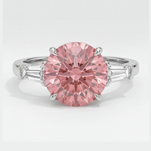 Padparadscha Sapphire Ring 3.1 Carat Genuine Round and White Baguette Three Stone Platinum