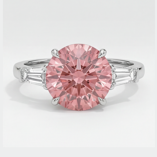 Padparadscha Sapphire Ring 3.1 Carat Genuine Round and White Baguette Three Stone Platinum