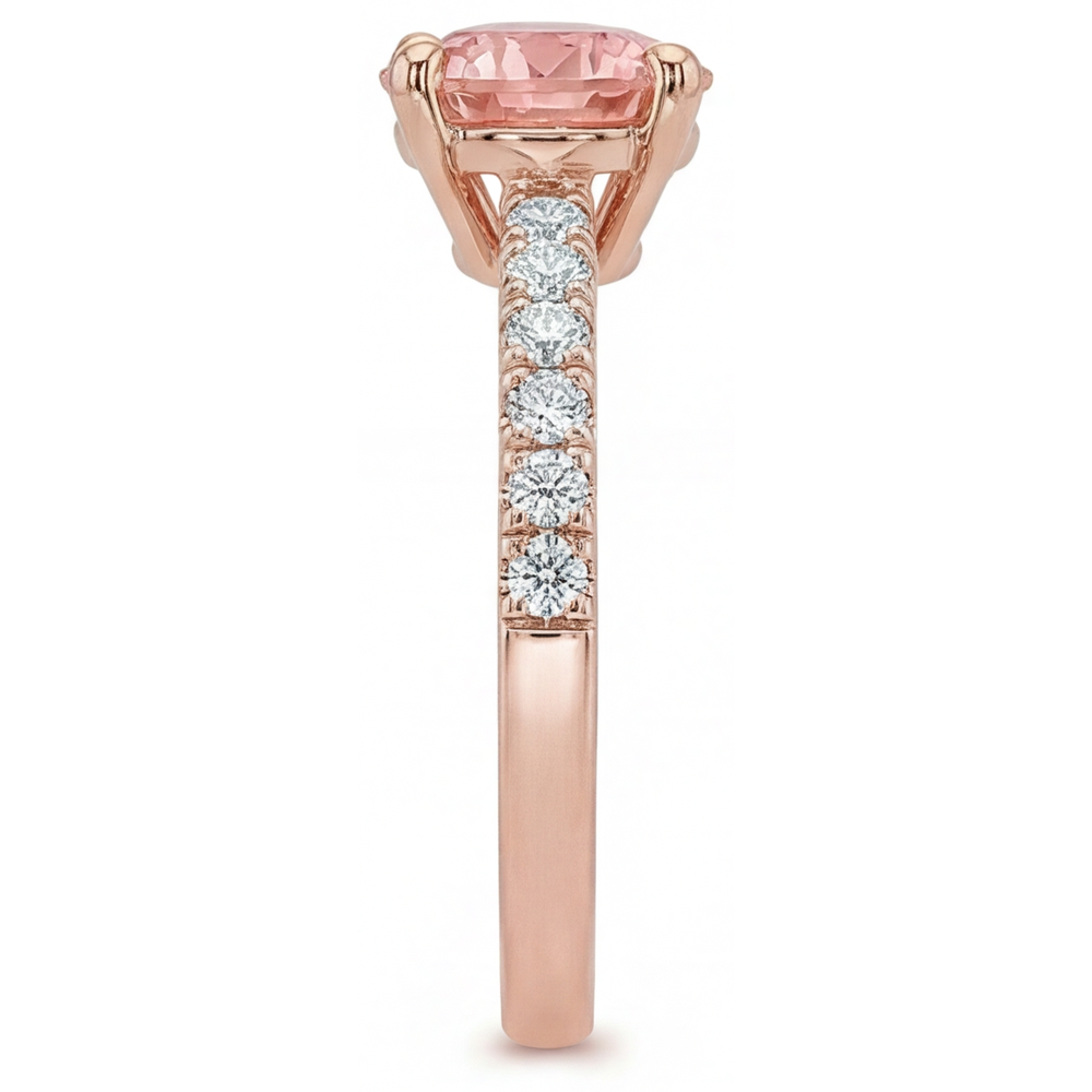 Padparadscha Engagement Ring 1.8 Carat Genuine Round Sapphire Pave 14K Rose Gold