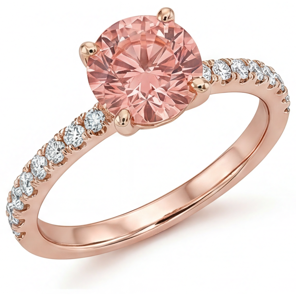 Padparadscha Engagement Ring 1.8 Carat Genuine Round Sapphire Pave 14K Rose Gold