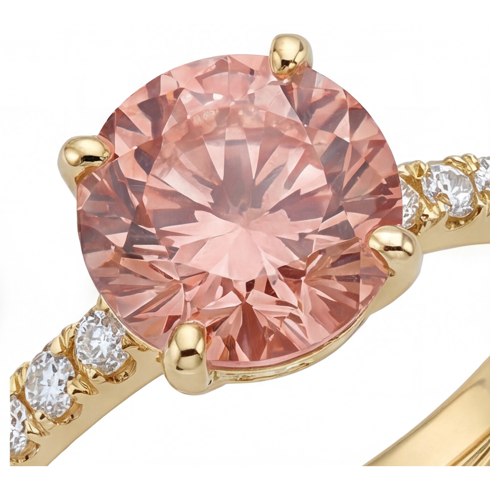 Padparadscha Ring 2.3 Carat Natural Round Sapphire Pave 14K Yellow Gold