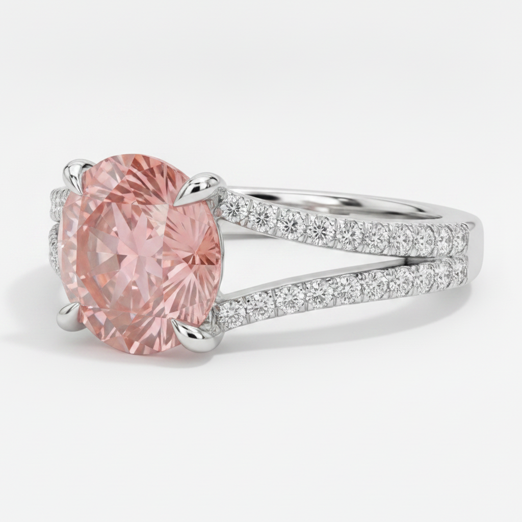 Peach Sapphire Engagement Ring 2.6 Carat Natural Round Padparadscha Split Shank 14K White Gold