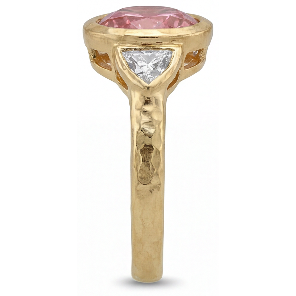 Padparadscha Ring 2.6 Carat Natural Round Sapphire and White Trilliant Bezel Three Stone 14K Yellow Gold