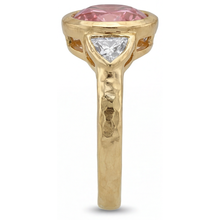 Padparadscha Ring 2.6 Carat Natural Round Sapphire and White Trilliant Bezel Three Stone 14K Yellow Gold