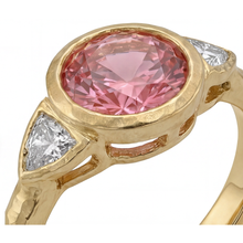 Padparadscha Ring 2.6 Carat Natural Round Sapphire and White Trilliant Bezel Three Stone 14K Yellow Gold