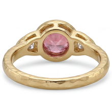 Padparadscha Ring 2.6 Carat Natural Round Sapphire and White Trilliant Bezel Three Stone 14K Yellow Gold