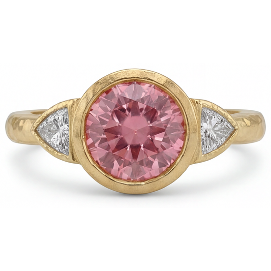 Padparadscha Ring 2.6 Carat Natural Round Sapphire and White Trilliant Bezel Three Stone 14K Yellow Gold