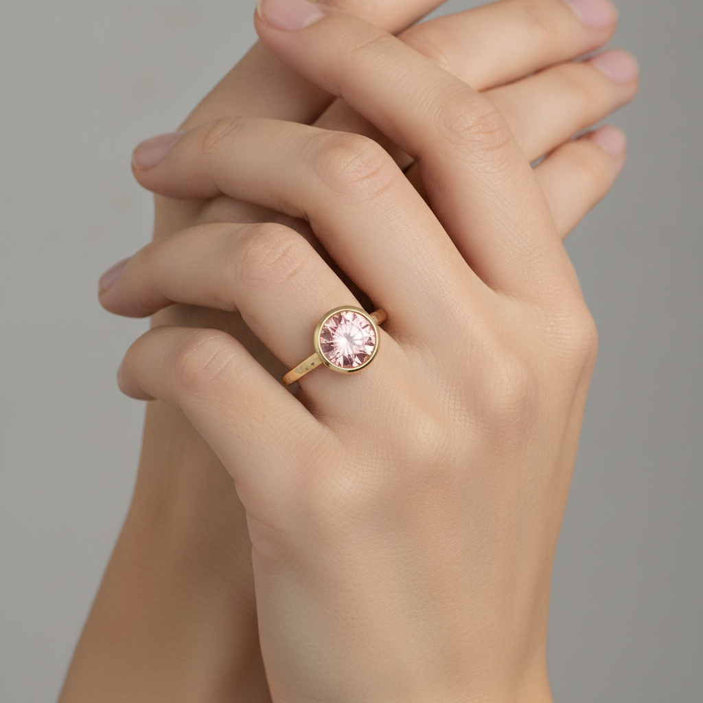 Padparadscha Sapphire Engagement Ring 2 Carat Real Round Bezel Solitaire 14K Yellow Gold Deluxe