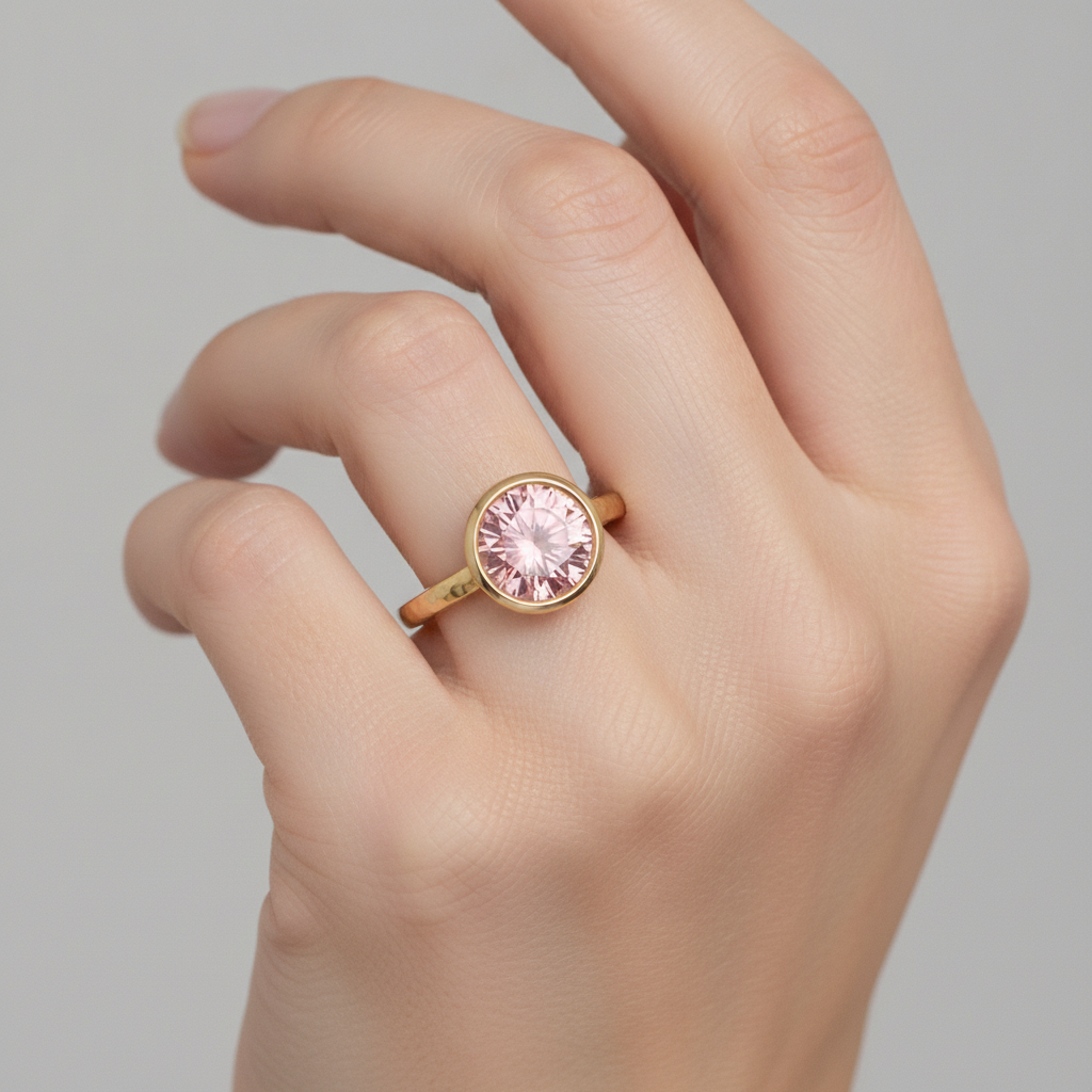Padparadscha Sapphire Engagement Ring 2 Carat Real Round Bezel Solitaire 14K Yellow Gold
