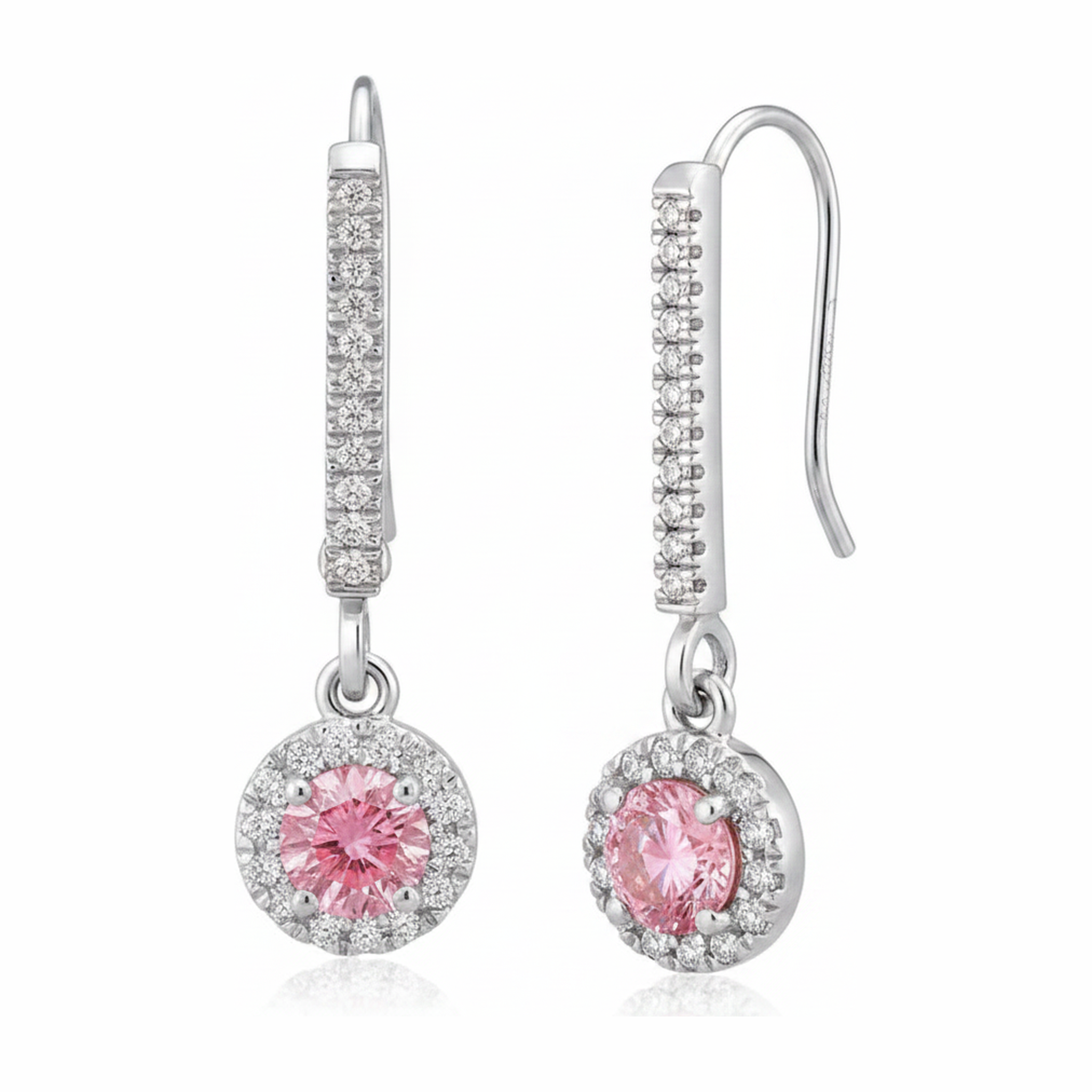 Pink Diamond Earrings 1.5 Carat Lab Grown Round Halo Pave Leverback 14K White Gold