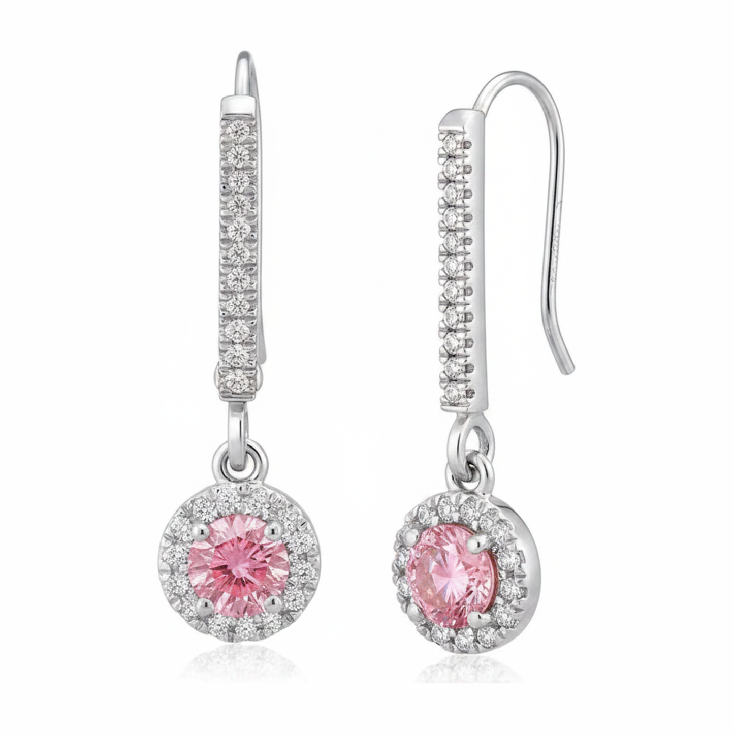 Pink Diamond Earrings 1.5 Carat Lab Grown Round Halo Pave Leverback 14K White Gold