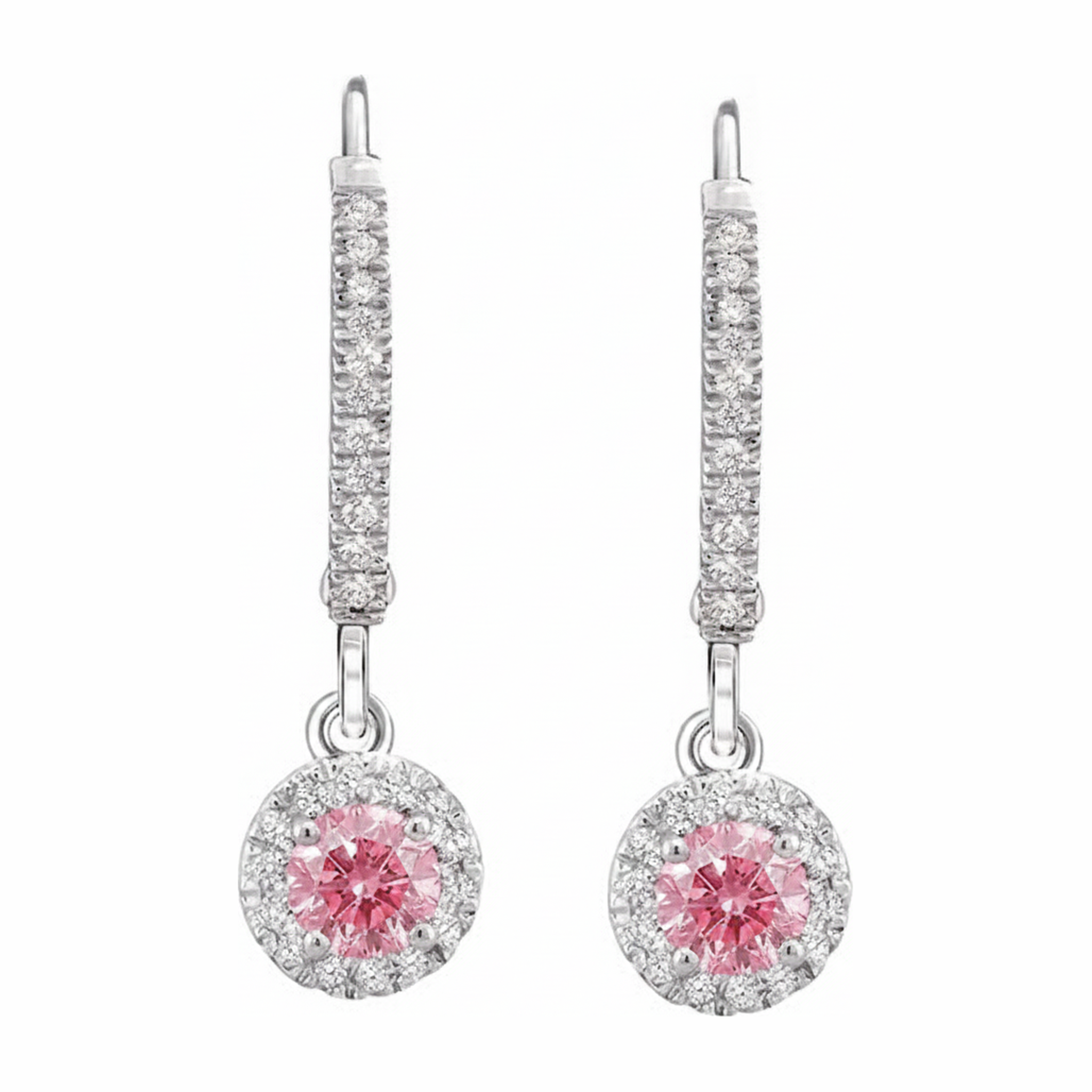 Pink Diamond Earrings 1.5 Carat Lab Grown Round Halo Pave Leverback 14K White Gold