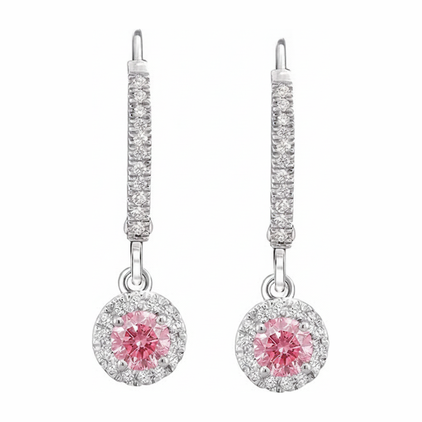 Pink Diamond Earrings 1.5 Carat Lab Grown Round Halo Pave Leverback 14K White Gold