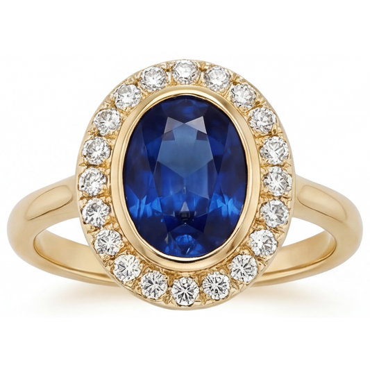 Oval Cut Royal Blue Sapphire ring in 14 Karat Yellow Gold – main view
