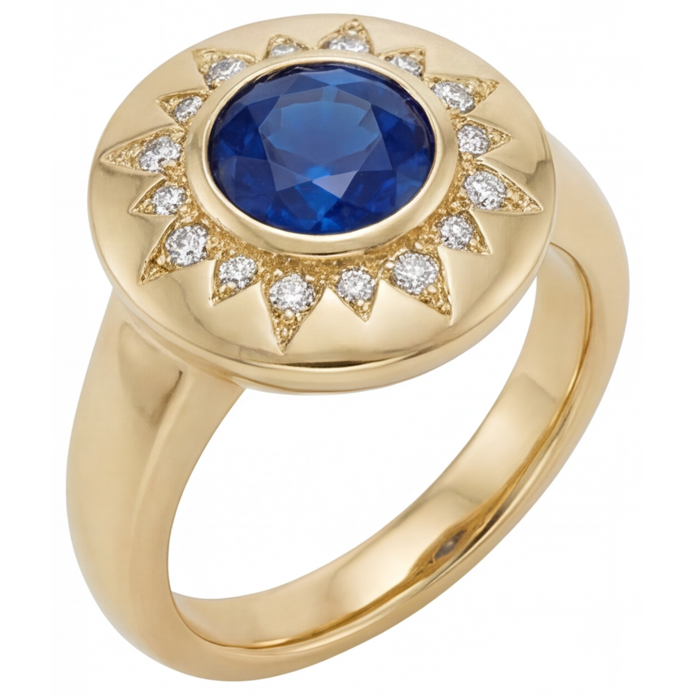 Royal Blue Sapphire Round Brilliant Gemstone Ring in 14K Yellow Gold – front view