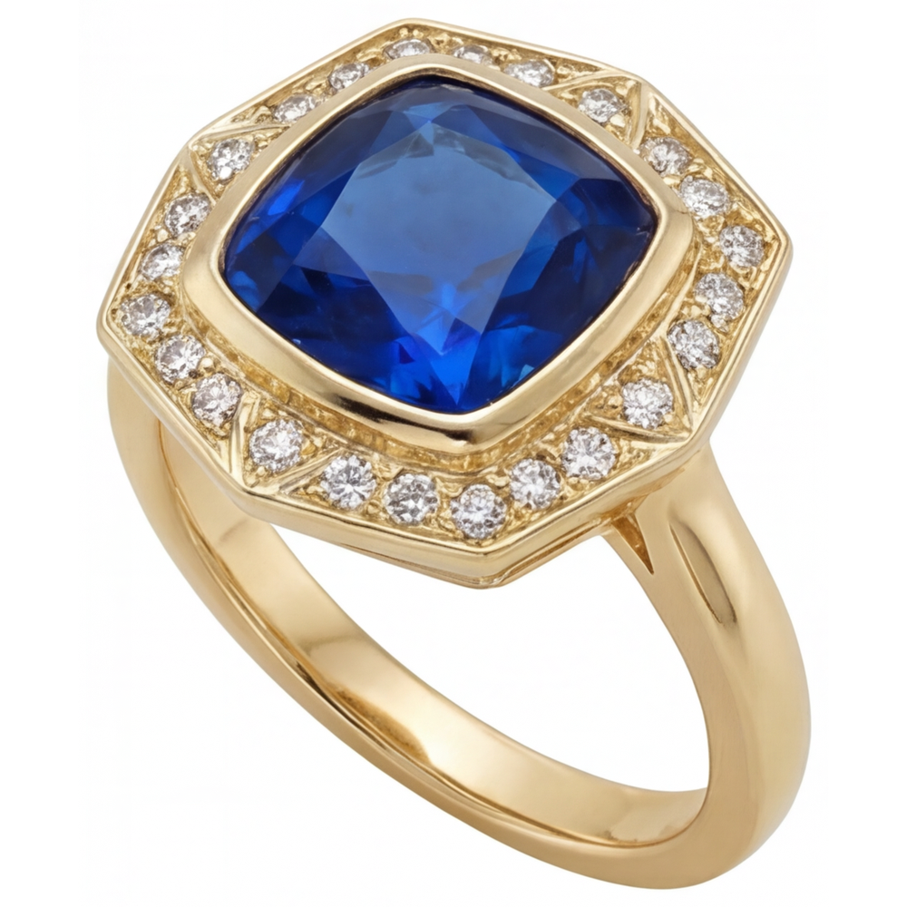 Cushion Royal Blue Sapphire ring in 14K Yellow Gold – side view