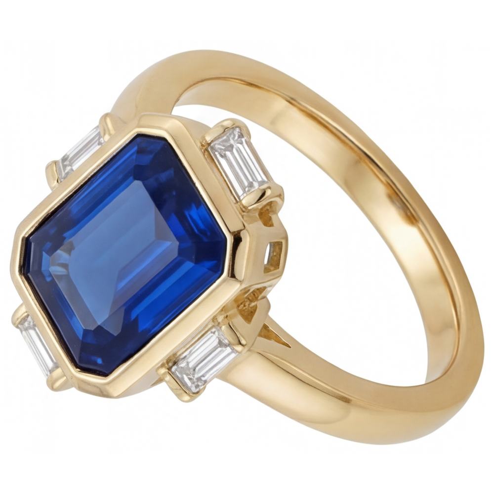 Genuine Royal Blue Sapphire Precious Stone Ring 4.80 ct 14K Yellow Gold – angle view