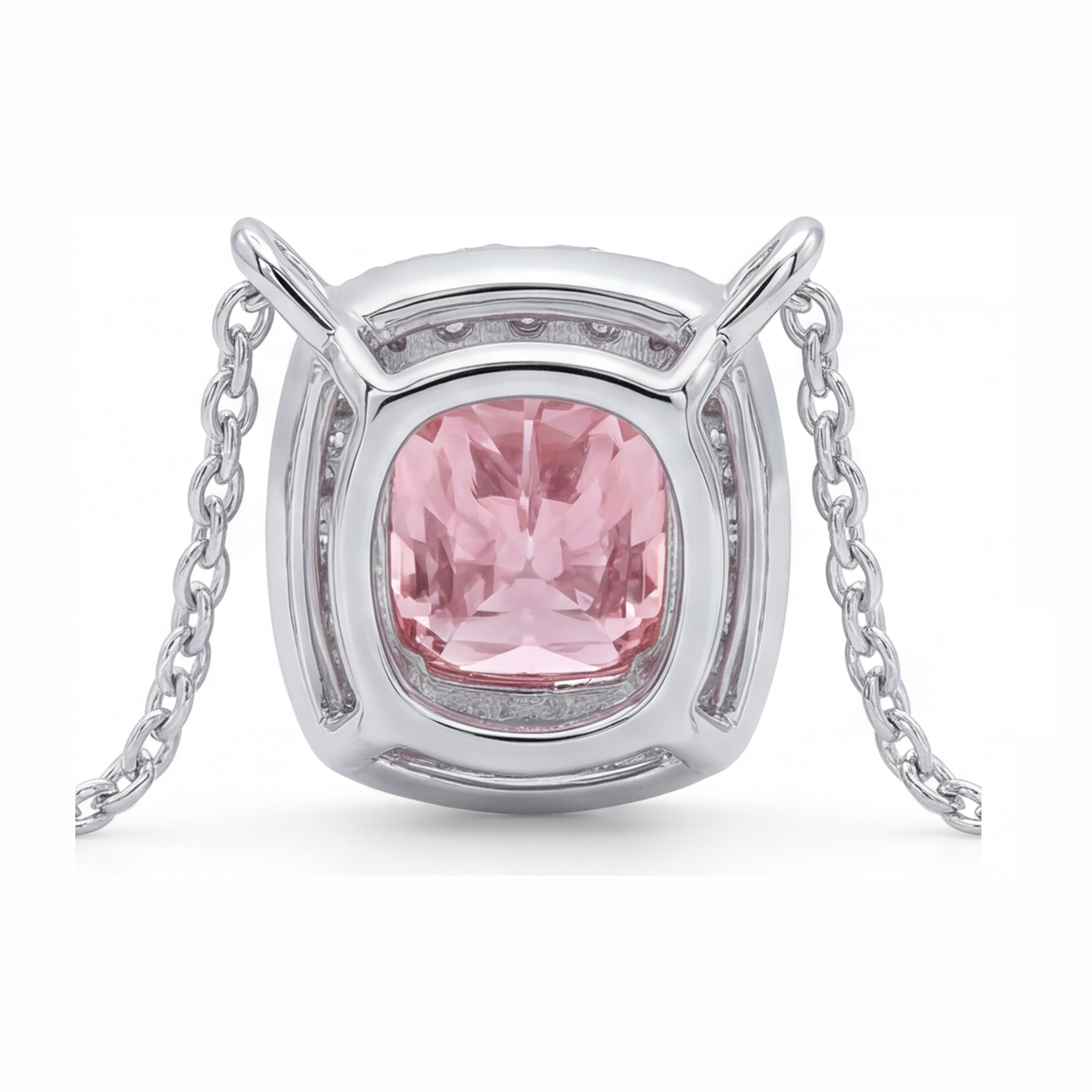 Pink Diamond Necklace 3.75 Carat Lab Grown Cushion Halo Pendant 14K White Gold