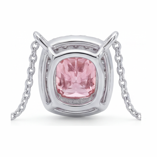 Pink Diamond Necklace 3.75 Carat Lab Grown Cushion Halo Pendant 14K White Gold